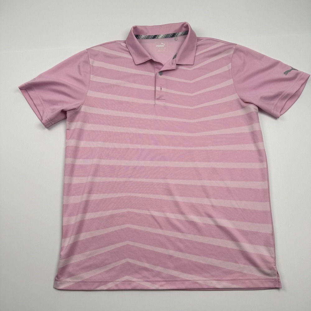 Puma Golf Polo Shirt Mens Large Pink Striped Performance Short Sleeve Light